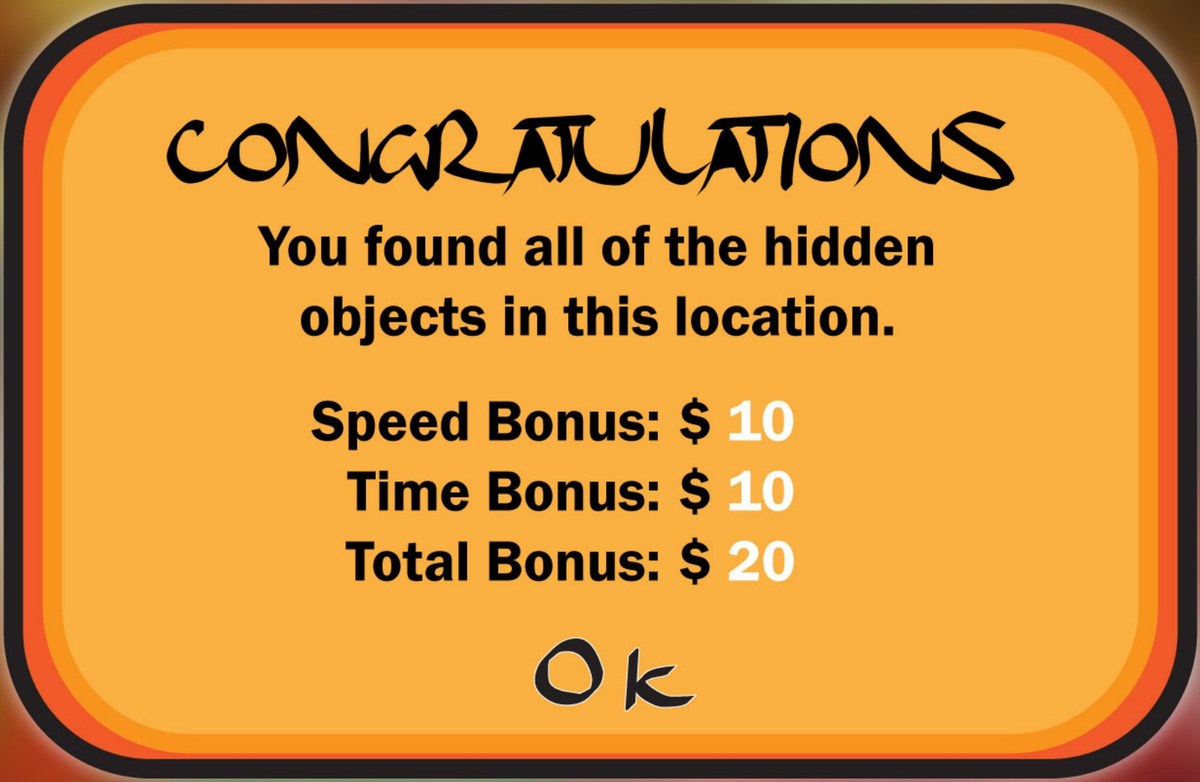 A Congratulations dialogue after clearing a hunt, listing a speed bonus, a time bonus and the total bonus added to the player's budget
