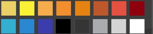 The CookInQuest iOS colour kit: sixteen swatches running from bright turmeric yellow through saffron, burnt orange and chilli red into deep maroon, with a cool blue and teal ramp beneath