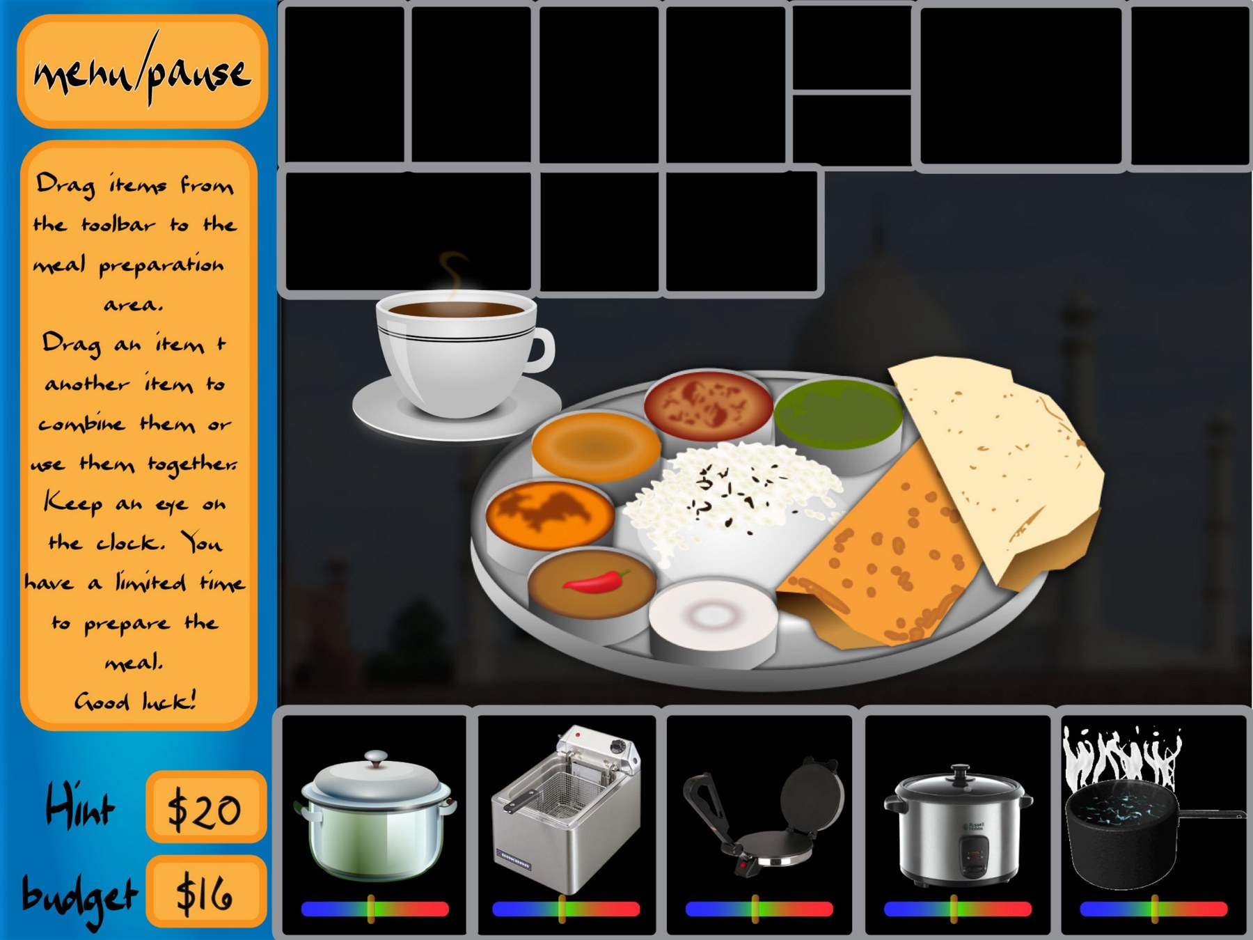 The finished CookInQuest meal: a steel thali of curries, rice, papadum and dosa with a cup of chai beside it, sitting on the night time preparation screen with the remaining budget of sixteen dollars in the sidebar