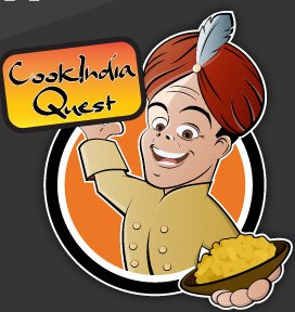The CookIndia Quest logo: the words CookIndia Quest in a heavy black brush script, outlined in white on a rounded rectangle that fades from red at the top through orange into yellow