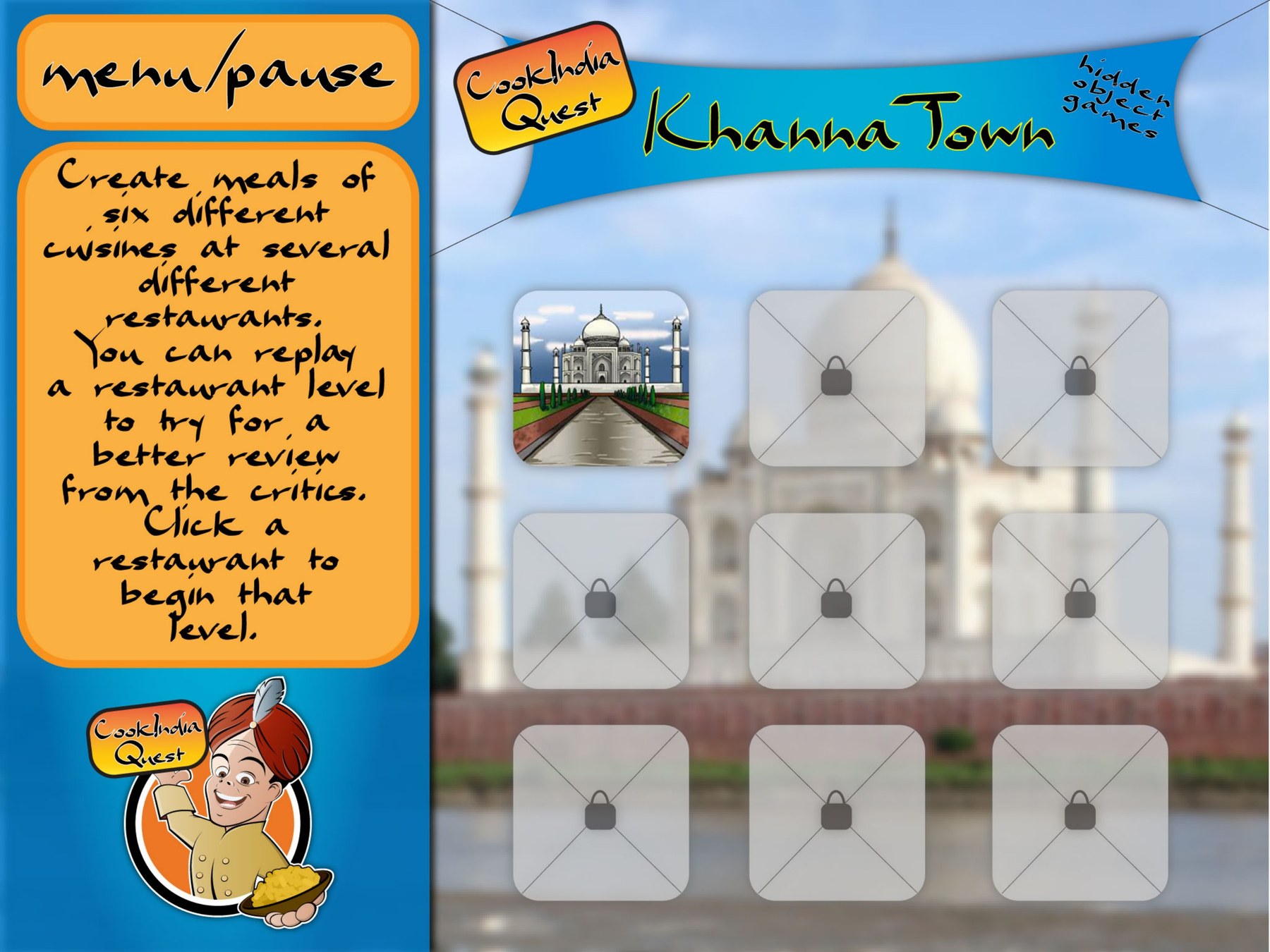 The built KhannaTown map screen: a banner reading KhannaTown over a blurred Taj Mahal backdrop, with a three by three grid of restaurant tiles where only the top left Taj Mahal tile is unlocked and the other eight carry padlocks