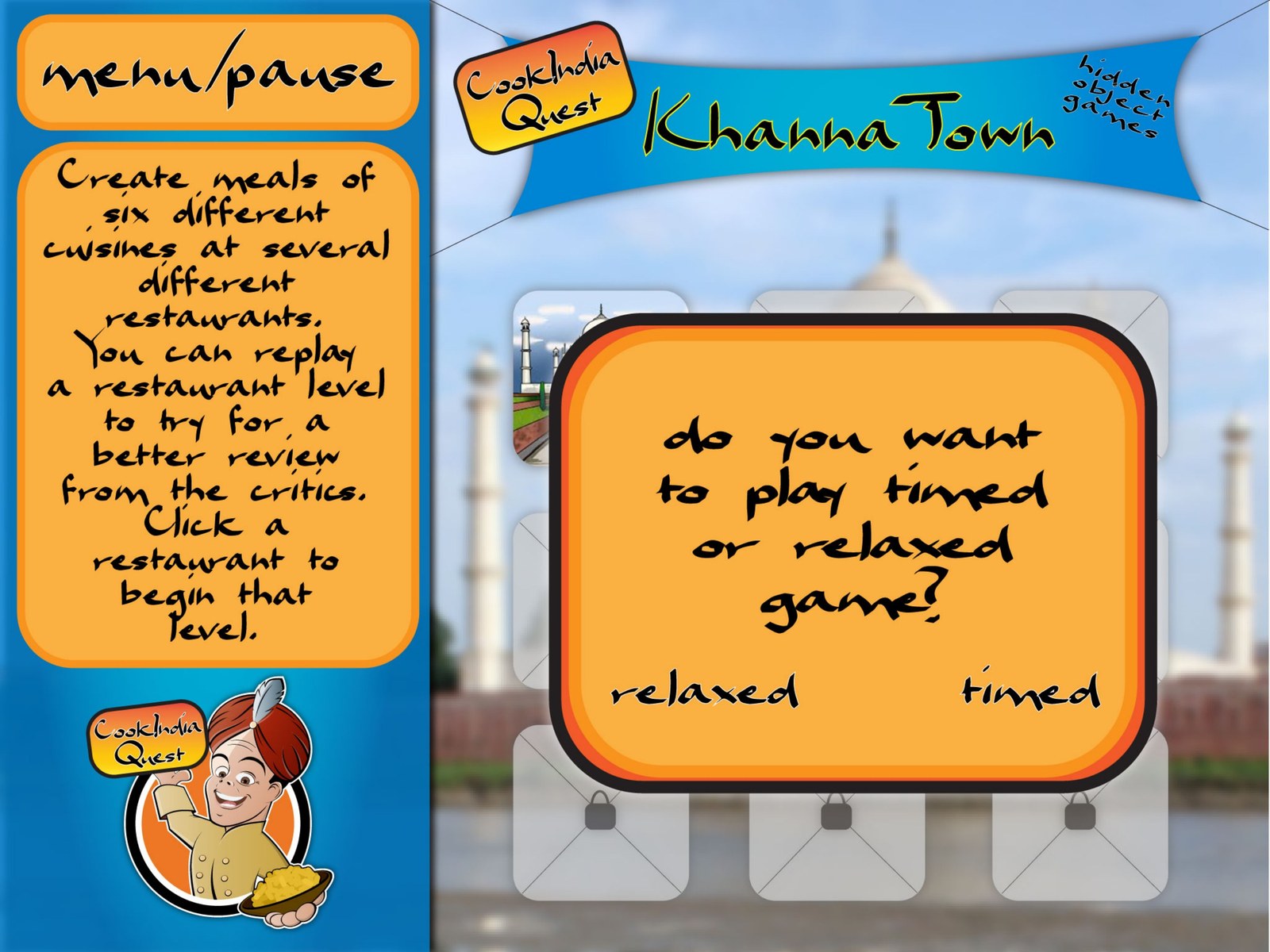 The CookInQuest mode choice screen: an orange panel over the blurred KhannaTown map asking do you want to play timed or relaxed game, with relaxed on the left and timed on the right