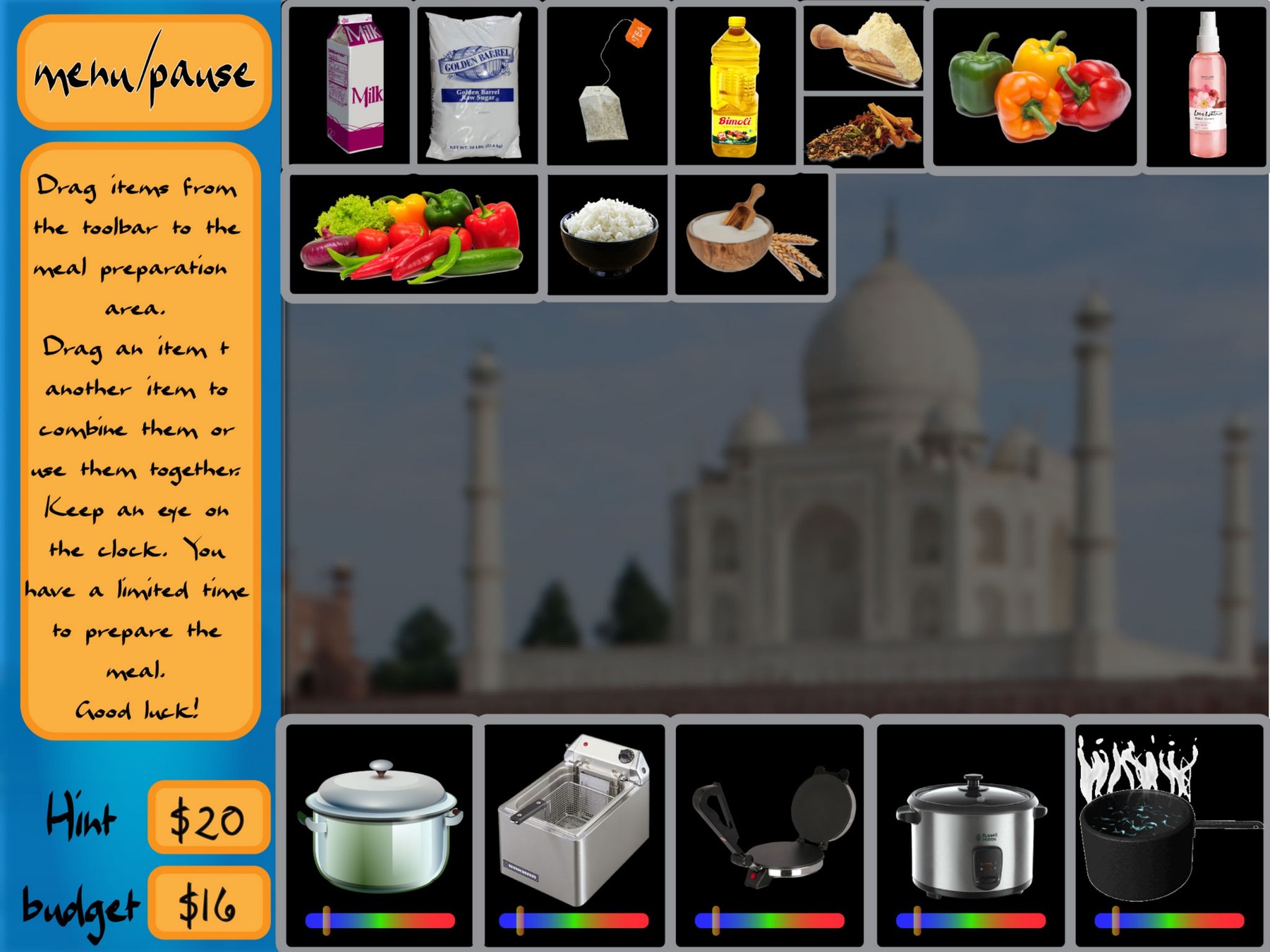 The CookInQuest meal preparation screen: a top shelf of bought ingredients including milk, sugar, a tea bag, oil, spices and peppers, a night time Taj Mahal backdrop, and a bottom row of five appliances, each with its own blue to green to red doneness meter