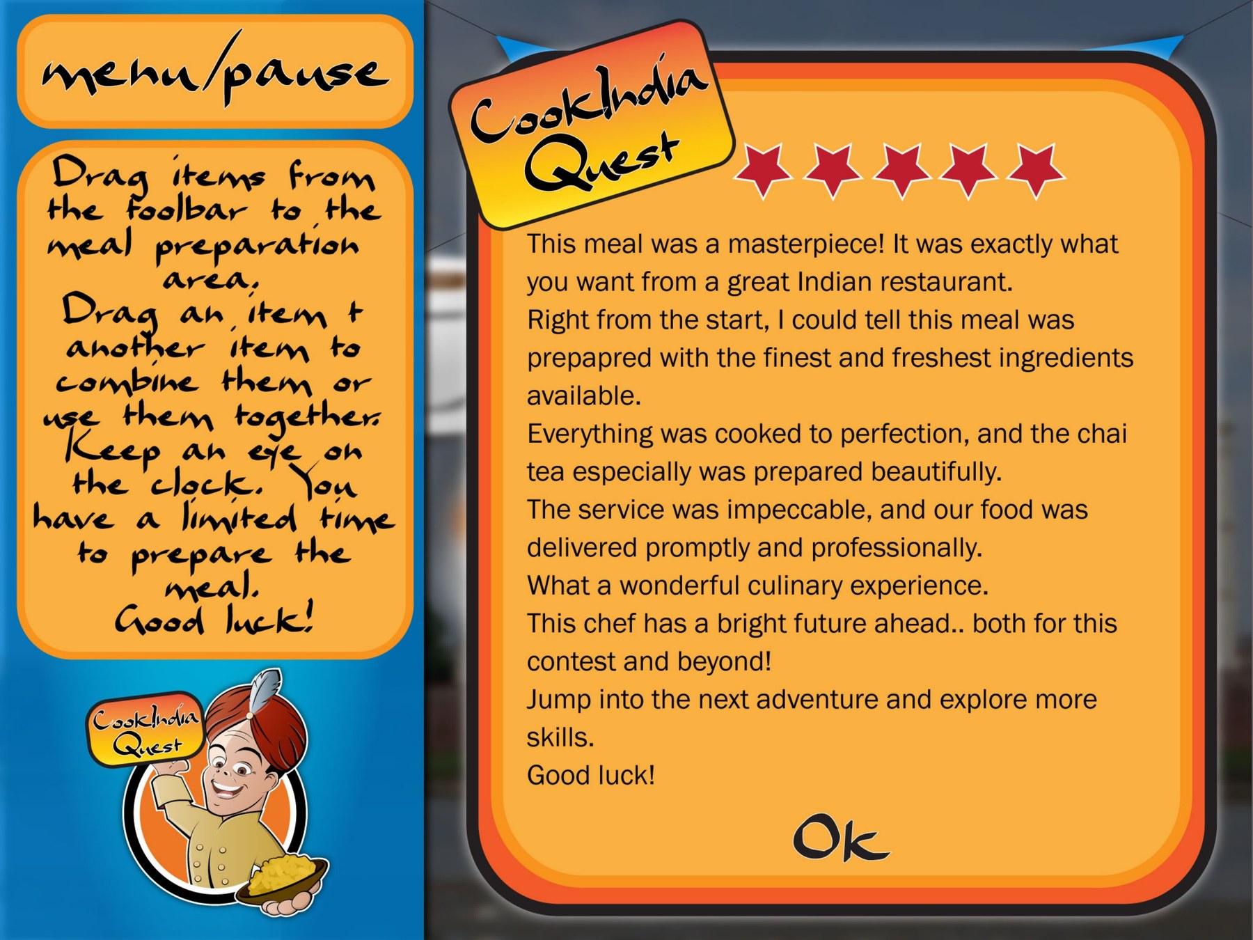 The CookInQuest review screen: five red stars across the top of an orange panel above a paragraph of restaurant critic copy praising the ingredients, the cooking and the chai tea