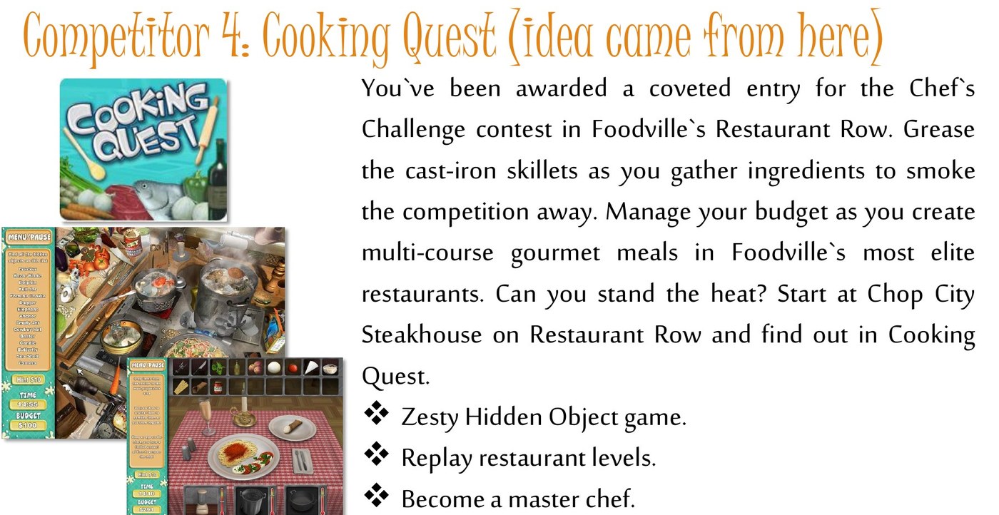 A research slide headed Competitor 4, Cooking Quest, idea came from here, showing the game's box art and two cluttered hidden object kitchen scenes beside the store description of gathering ingredients and managing a budget across multi course meals