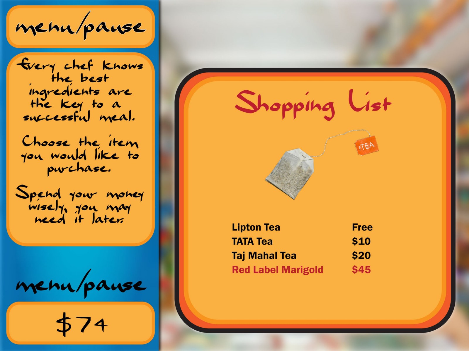 The same tea shopping list after a purchase, with Red Label Marigold at forty five dollars now marked in red and the sidebar budget dropped to seventy four dollars