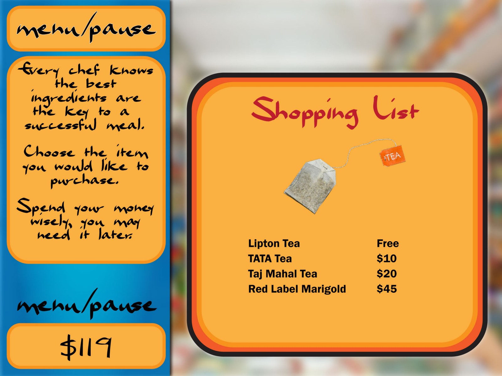 The CookInQuest shopping list for tea: a tea bag above four options, Lipton Tea free, TATA Tea ten dollars, Taj Mahal Tea twenty dollars and Red Label Marigold forty five dollars, with the running budget shown in the blue sidebar