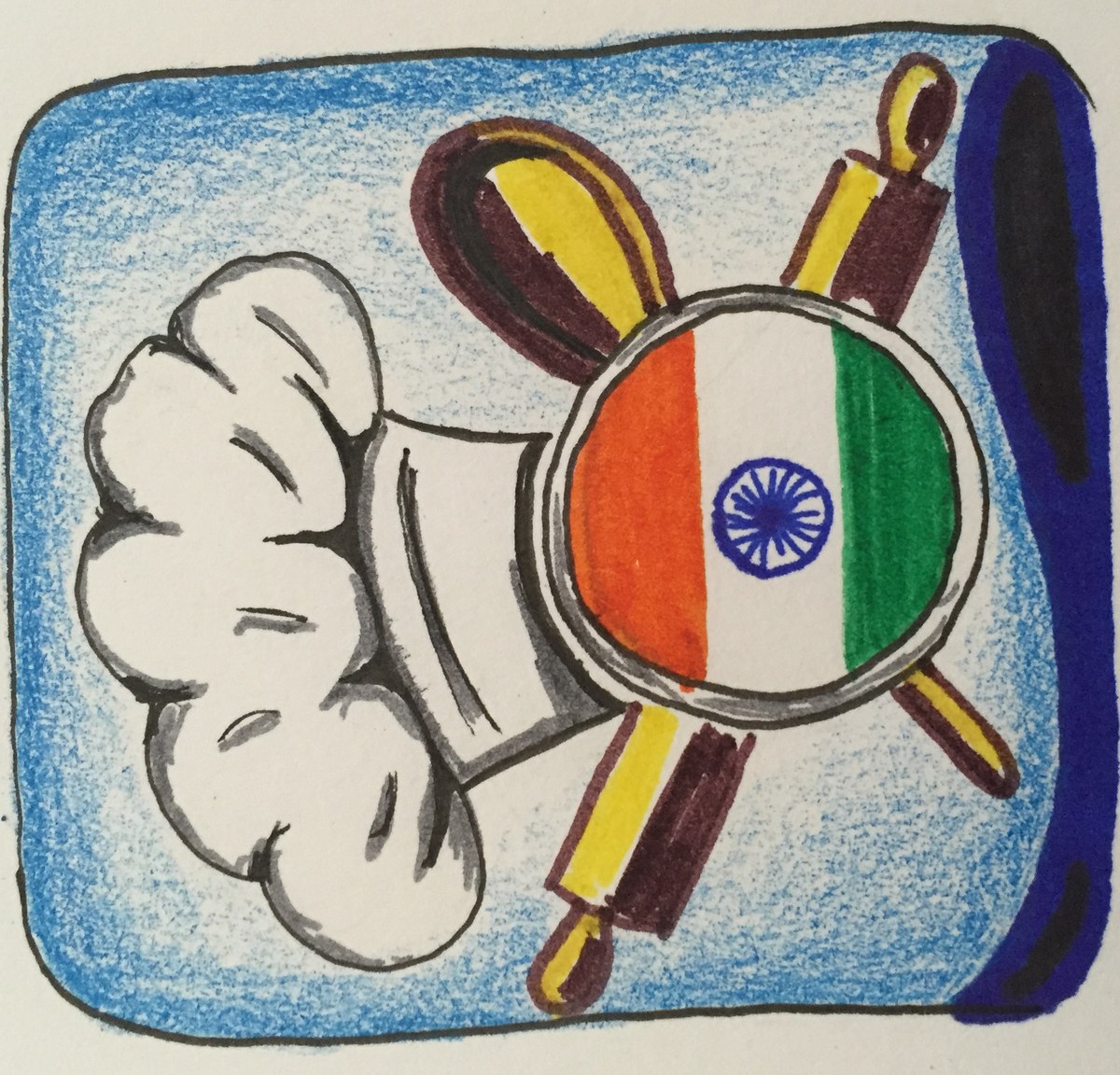A marker sketch of the app icon on paper: a white chef's toque beside a round plate filled with the Indian flag's saffron, white and green bands and blue chakra, with a rolling pin and a spatula crossed behind it on a blue crayon ground