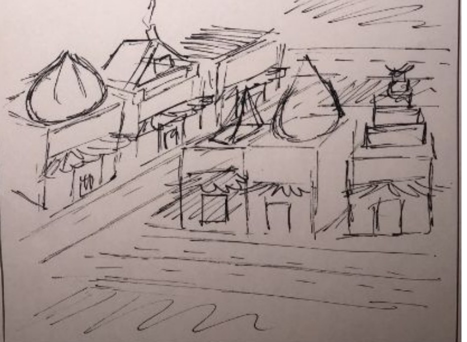 A pen sketch of the town: a domed building and a tiled roof at the top of a street, with awnings and market stalls running down towards the viewer and hatching for the road