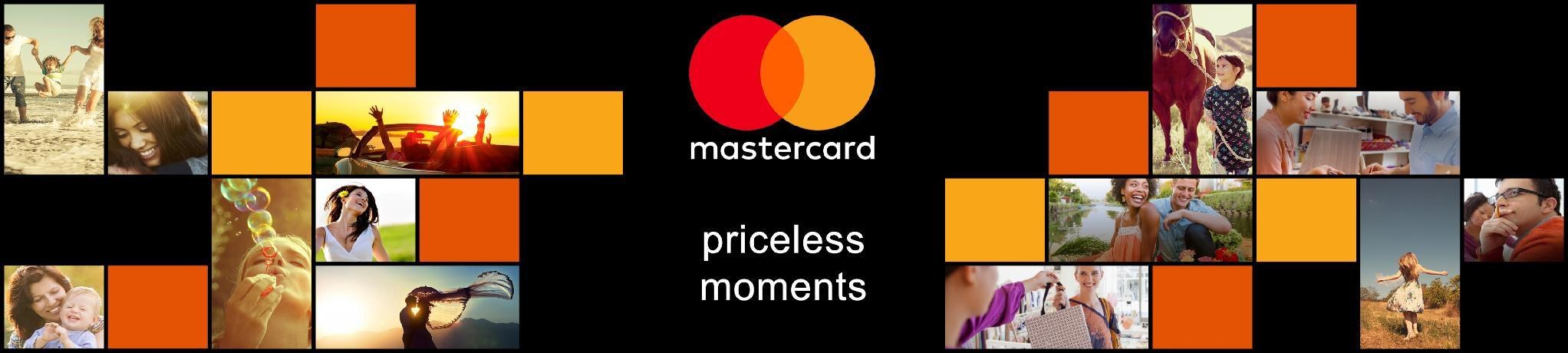 The Boxes segment type: a mosaic of rectangular photographs interleaved with solid orange and yellow colour blocks, with a black centre column carrying the mastercard priceless moments lockup