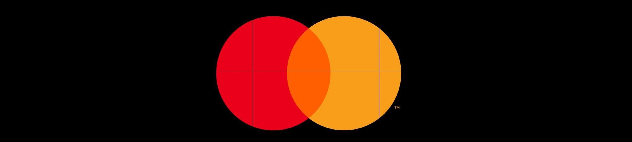 The handshake frame: the Mastercard mark centred on a black ten screen wall, with the bezel lines crossing through it