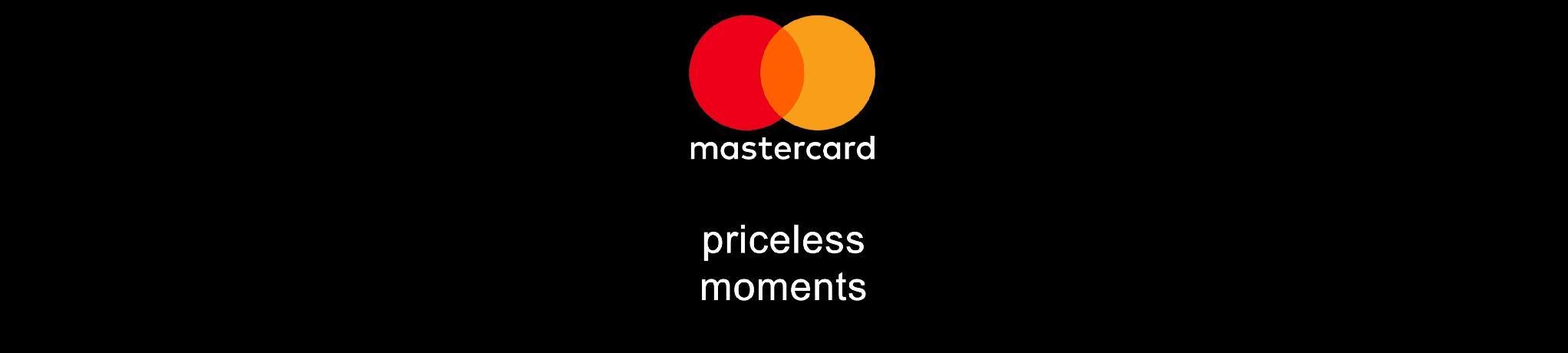 Storyboard frame: a black wall with a small Mastercard mark, the mastercard wordmark and the words priceless moments stacked in the centre column, everything else empty