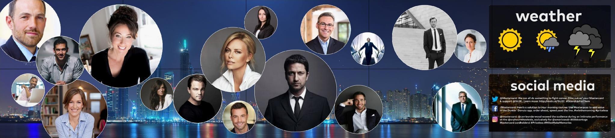 The Bubbles segment type: around ten circular portrait photographs of mixed sizes spread across a blue night city skyline, with dark weather and social media panels holding the right edge