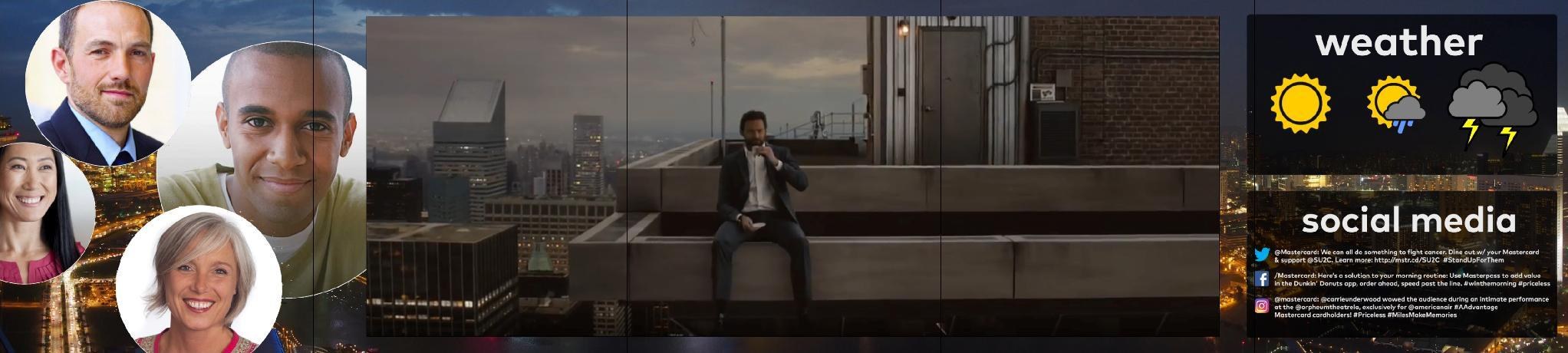 The Bubbles layout with a wide cinematic video still spanning the centre screens: a man in a suit sitting on a rooftop ledge, with circular portraits to the left and the feed panels to the right