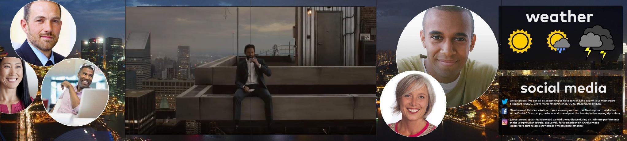 The same layout with a narrower HD scale video panel and the circular portraits rearranged around it