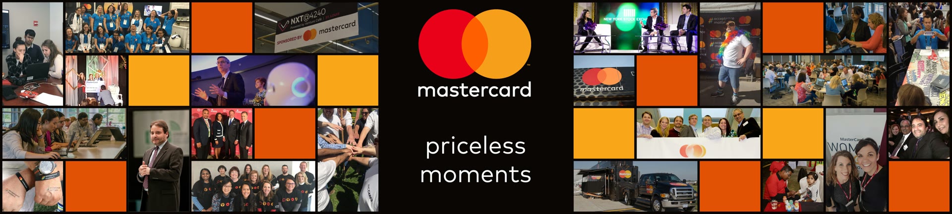 The finished wall at full build: a mosaic of photographs interleaved with orange and yellow colour blocks around a central mastercard priceless moments lockup