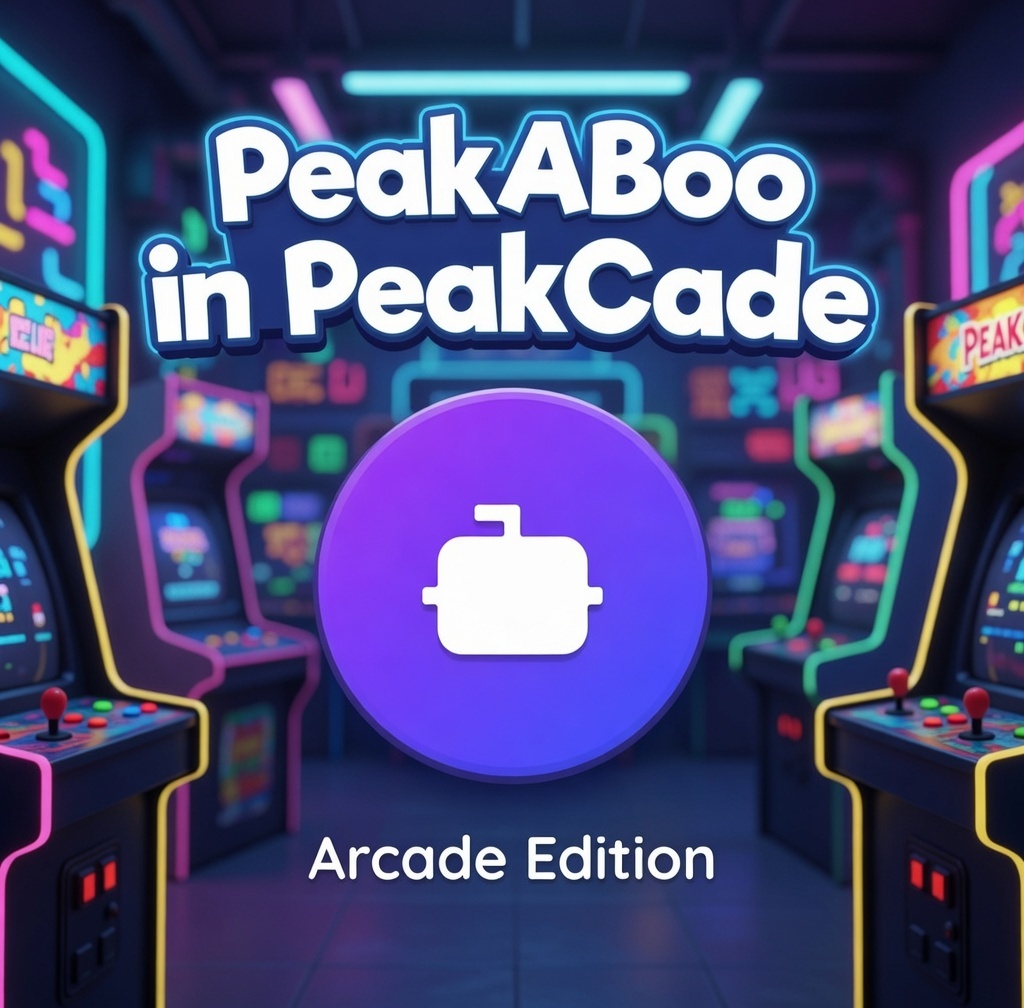 Key art: the same neon arcade corridor with the 3D title PeakABoo in PeakCade, Arcade Edition, and the violet logo circle centered