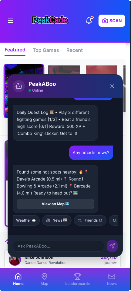 Shipped PeakABoo modal over the PeakCade home screen showing a Daily Quest Log, arcade news feed and a View on Map hand-off