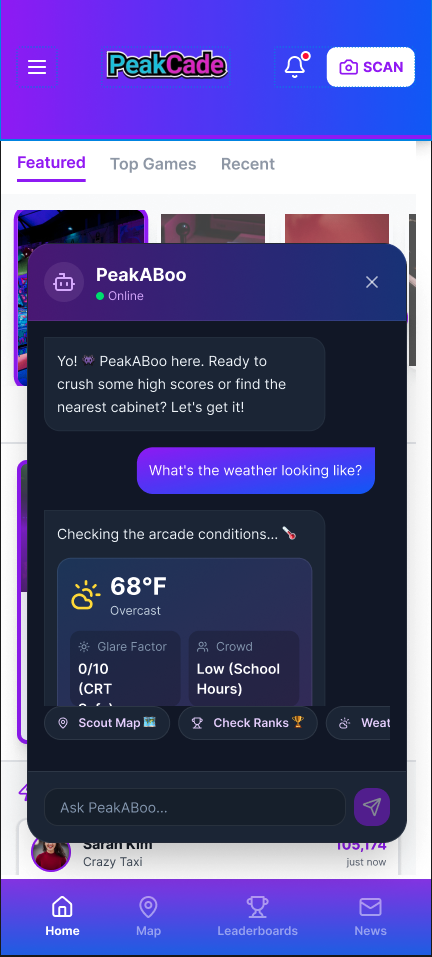 Shipped PeakABoo modal showing a live weather card with temperature, conditions, glare factor and crowd level