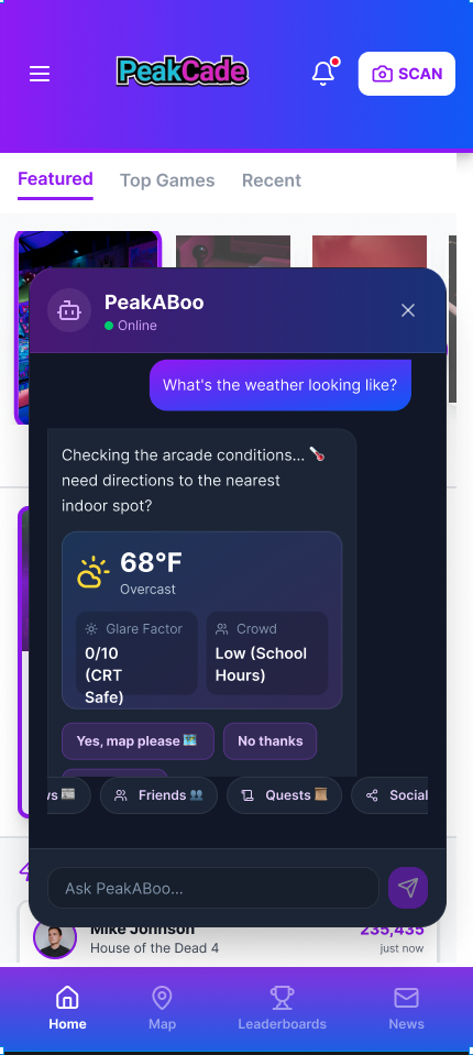 Shipped PeakABoo modal continuing the weather card with a quick reply asking whether the player needs directions to the nearest indoor spot