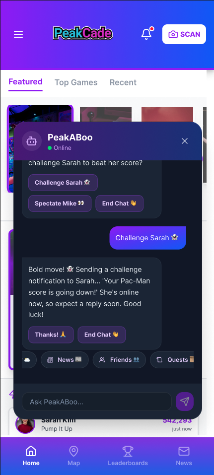 Shipped PeakABoo modal showing a Challenge Sarah prompt followed by the assistant's challenge confirmation