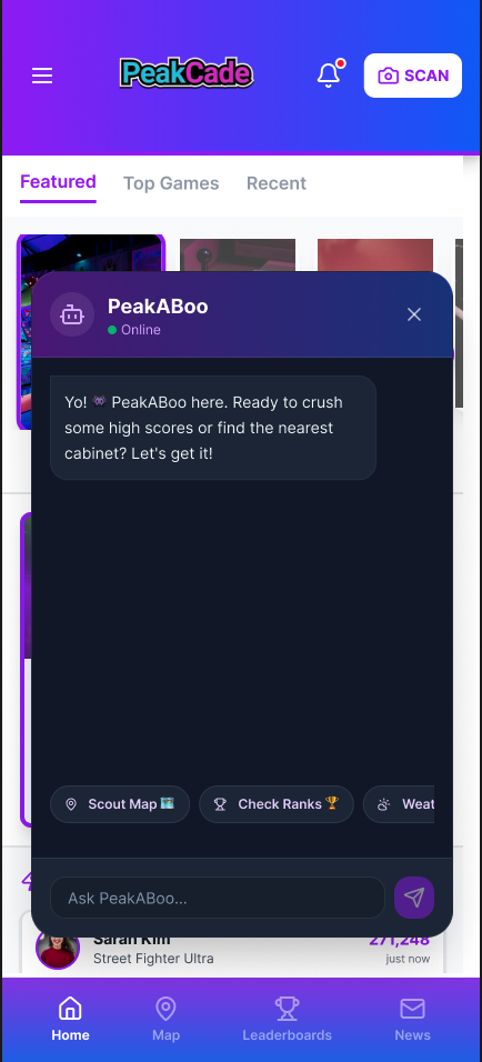 The shipped PeakABoo modal in its fresh idle state: an opening greeting over the PeakCade home screen, with a row of quick reply chips