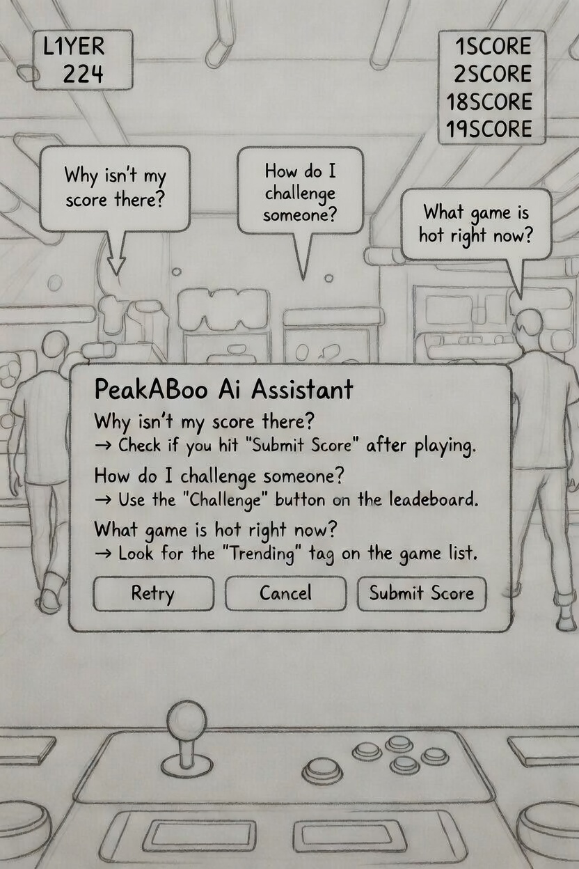 Pencil illustration of three player FAQ speech bubbles, why isn't my score there, how do I challenge someone, and what game is hot right now, feeding into a PeakABoo AI Assistant dialog card with scripted answers and Retry, Cancel and Submit Score buttons