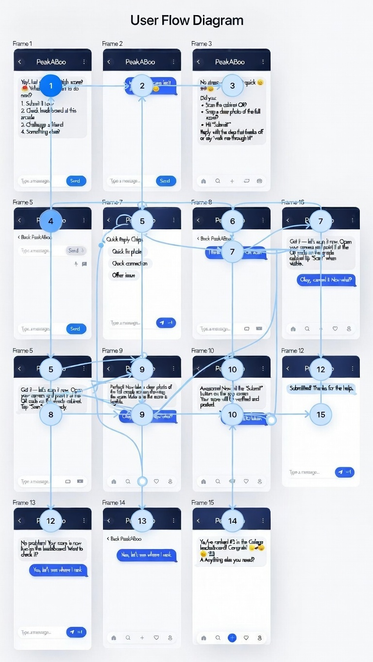 User flow diagram overlaying the lo-fi chat frames with fifteen numbered nodes and connecting arrows tracing the missing score journey