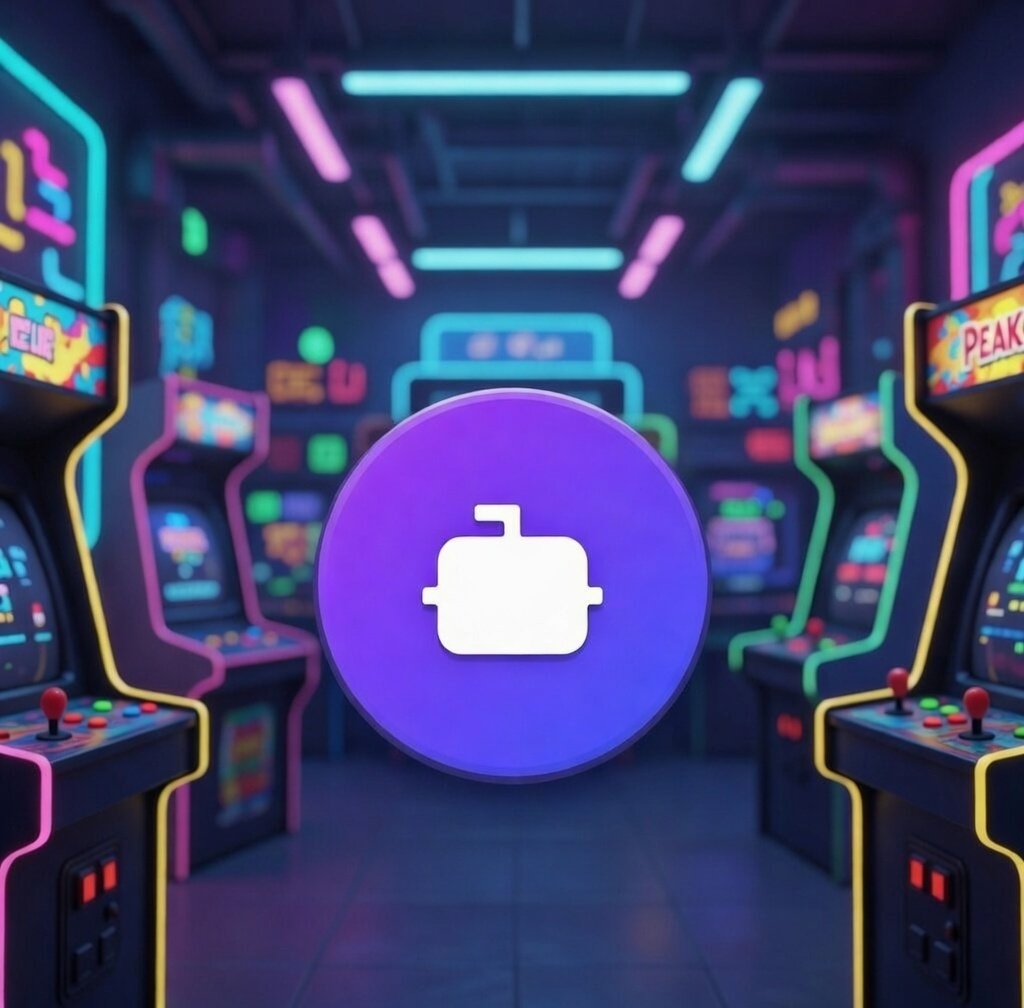 A neon arcade corridor lined with glowing cyan, pink and yellow cabinet outlines, with the violet PeakABoo logo circle floating centered