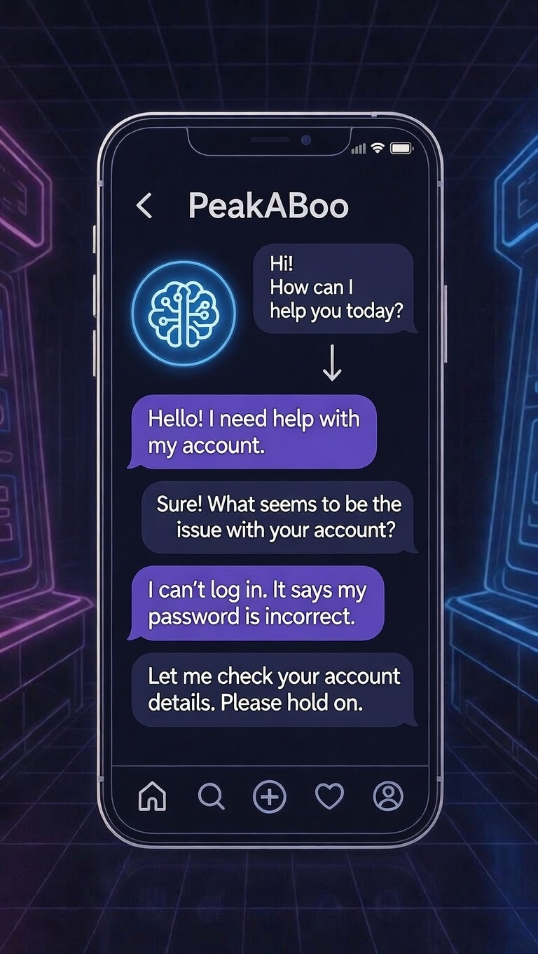 Dark neon hi-fi chat mockup: an account help conversation opening on a login or password error while the assistant checks the account