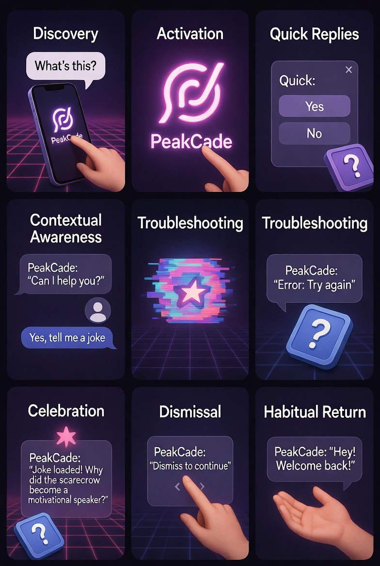 Synthwave grid of nine assistant states: Discovery, Activation, Quick Replies, Contextual Awareness, Troubleshooting shown twice, Celebration, Dismissal and Habitual Return