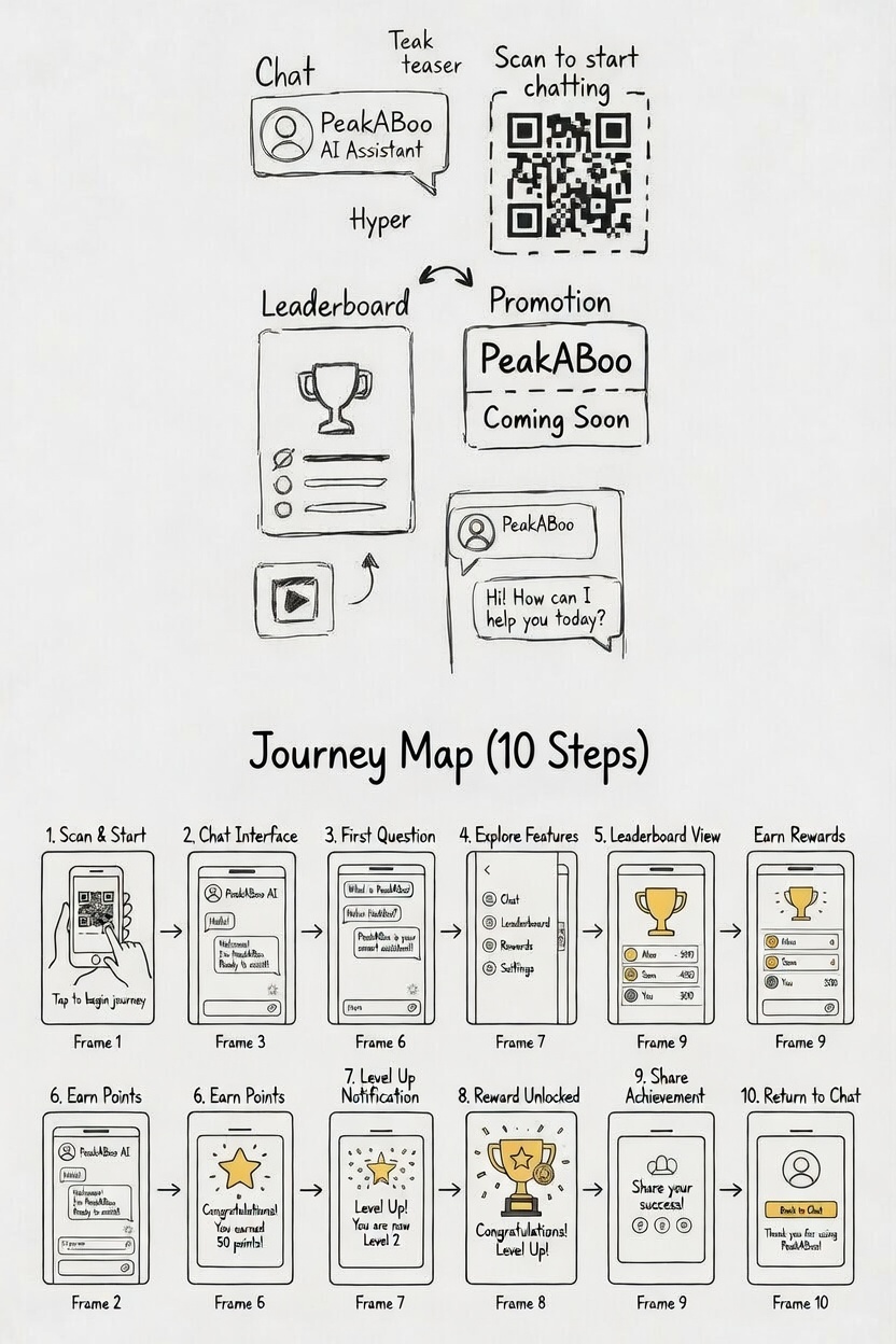 A ten step journey map strip of numbered phone thumbnails: Scan and Start, Chat Interface, First Question, Explore Features, Leaderboard View, Earn Rewards, Level Up Notification, Reward Unlocked, Share Achievement and Return to Chat