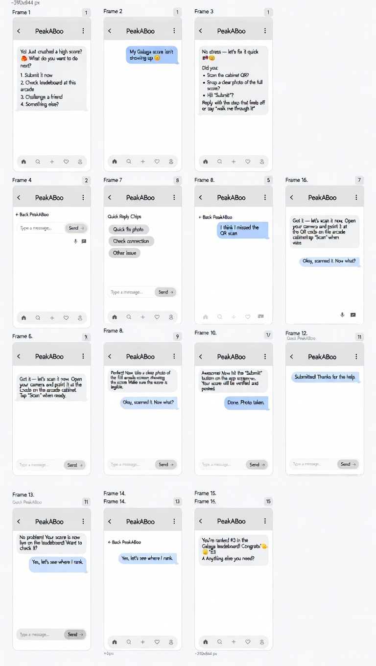 Greyscale lo-fi grid of about sixteen numbered chat frames covering score submission prompts, quick reply chip menus, QR scan instructions, photo confirmation and leaderboard rank confirmation