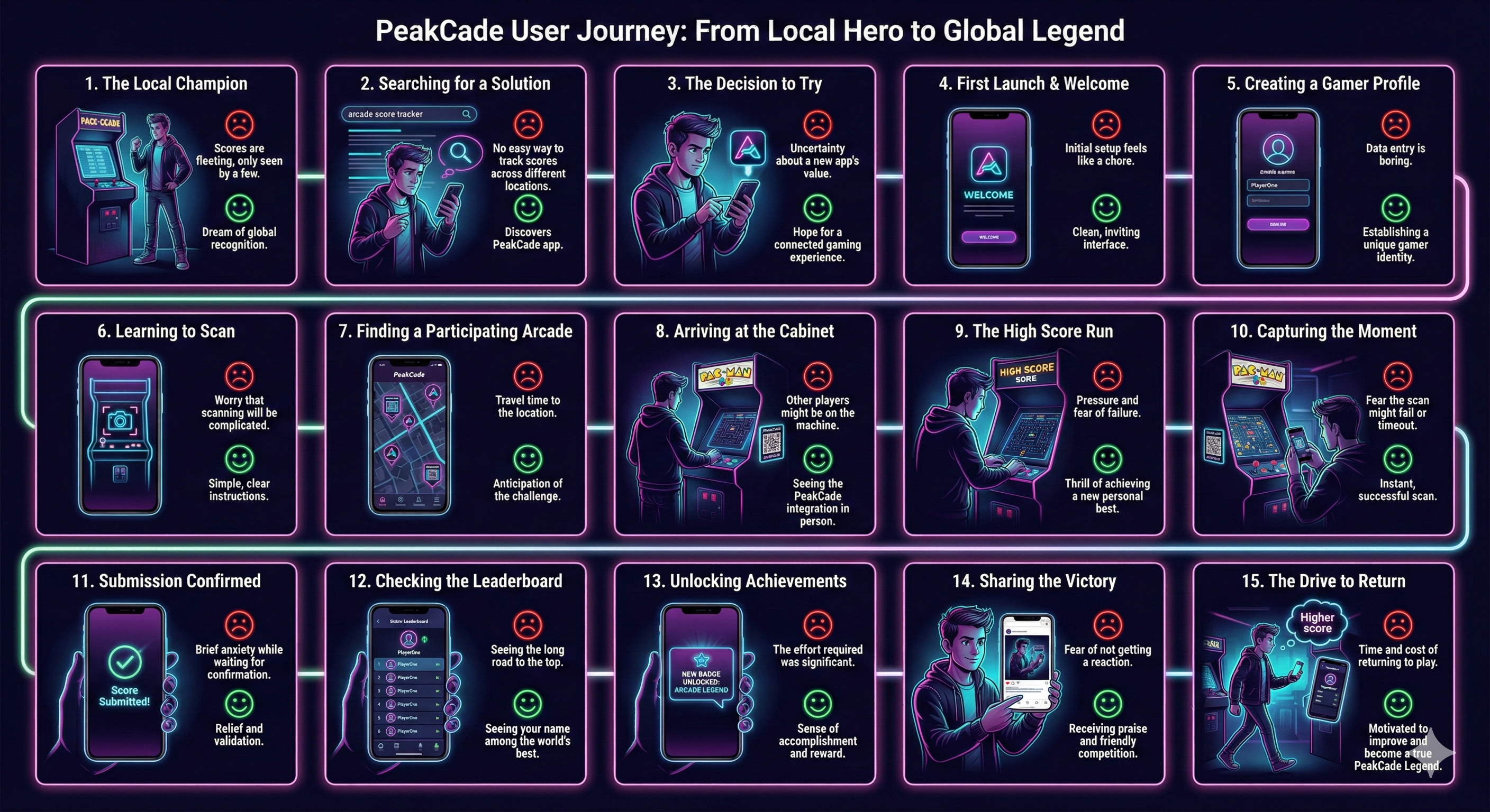 15-step PeakCade user journey map