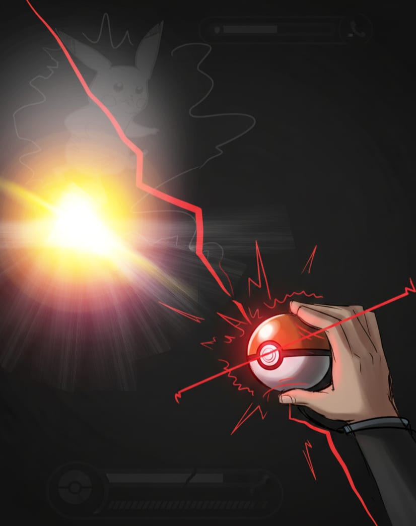 A dark illustration of a hand gripping a capture ball at the moment of impact, jagged red energy cracking outward and a bright burst of light beside it