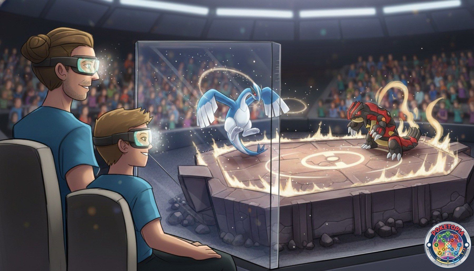 A painterly concept illustration of an adult and child in AR goggles in a packed stadium, watching a holographic creature battle projected above the arena floor
