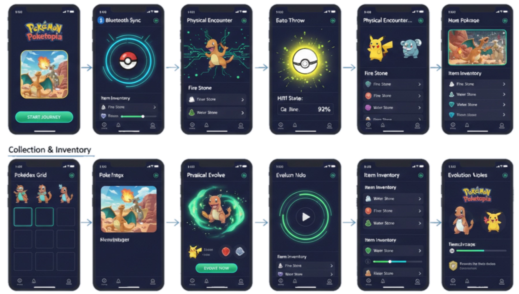 Two rows of twelve dark high fidelity phone mockups walking through bluetooth sync, a physical encounter, the throw, item inventory, the dex grid, a physical evolve sequence and an evolution video