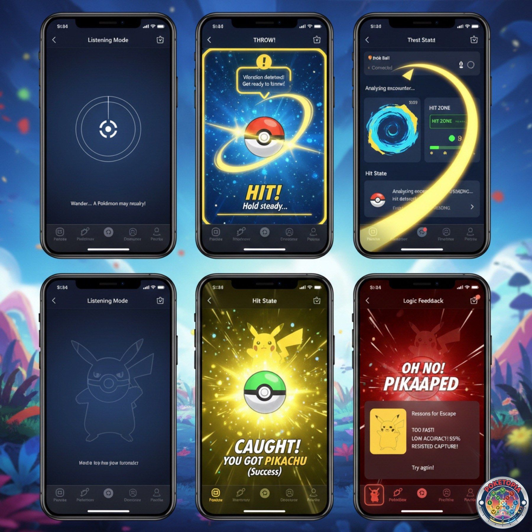 Six dark high fidelity phone mockups over a blurred forest backdrop, showing the capture states: listening mode, the throw, a stat readout, a creature silhouette, a caught success screen and an escaped failure screen
