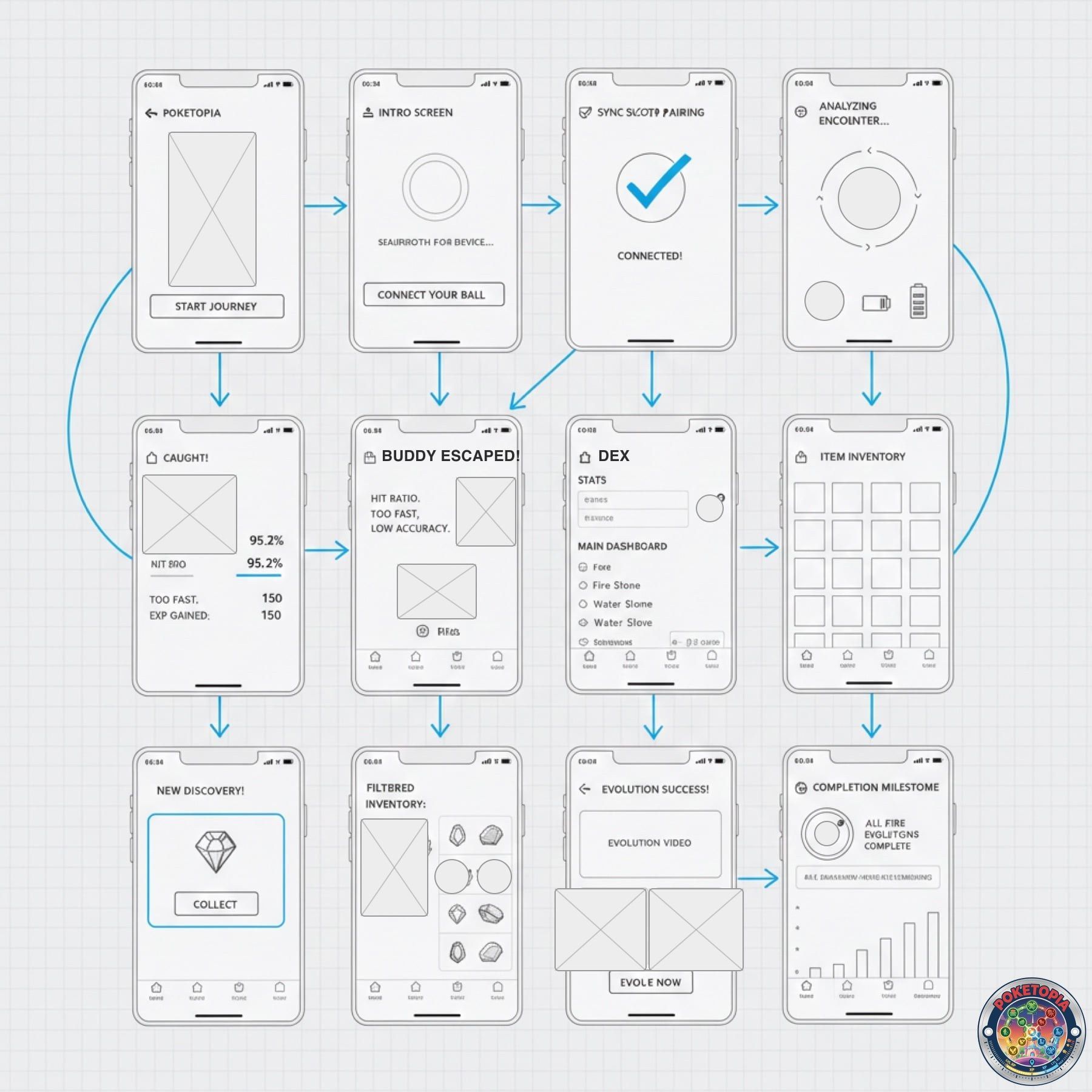 A twelve panel low fidelity wireframe grid tracing the whole app flow: start screen, ball pairing, connection success, encounter analysis, a caught result, an escaped result, the dex stats view, item inventory, a new discovery prompt, filtered inventory, evolution success and a completion milestone