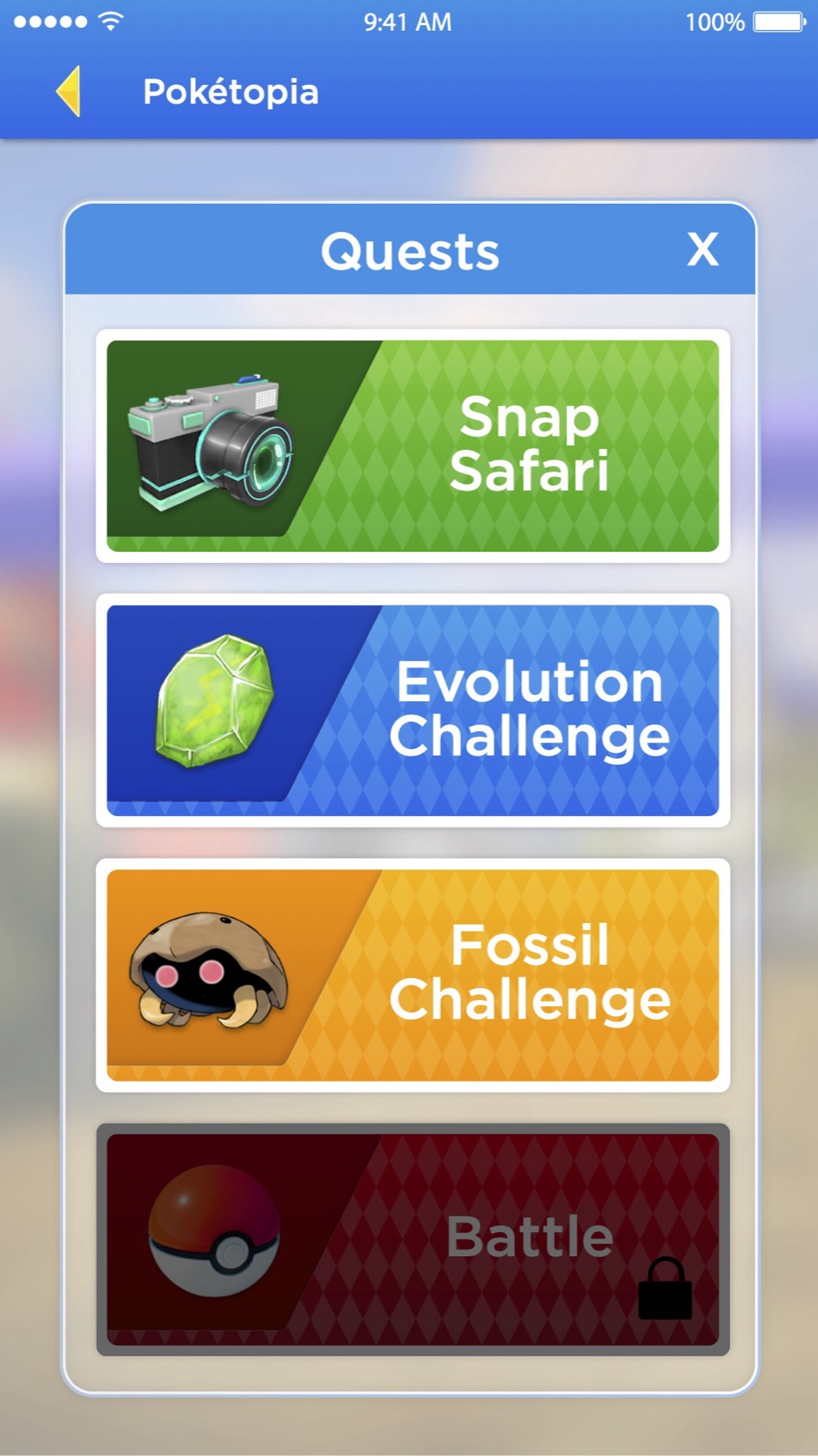 An early quests modal listing four quest cards, Snap Safari, Evolution Challenge, Fossil Challenge, and a locked fourth card with a padlock