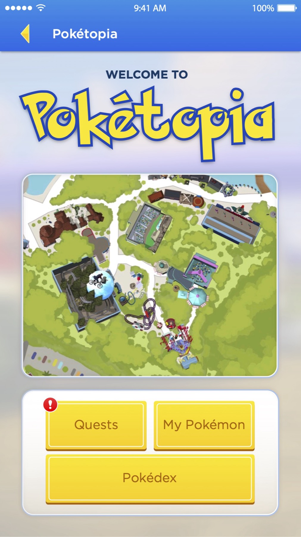 An early high fidelity welcome screen showing a bird's eye illustrated theme park map under a large wordmark, with three action buttons beneath it