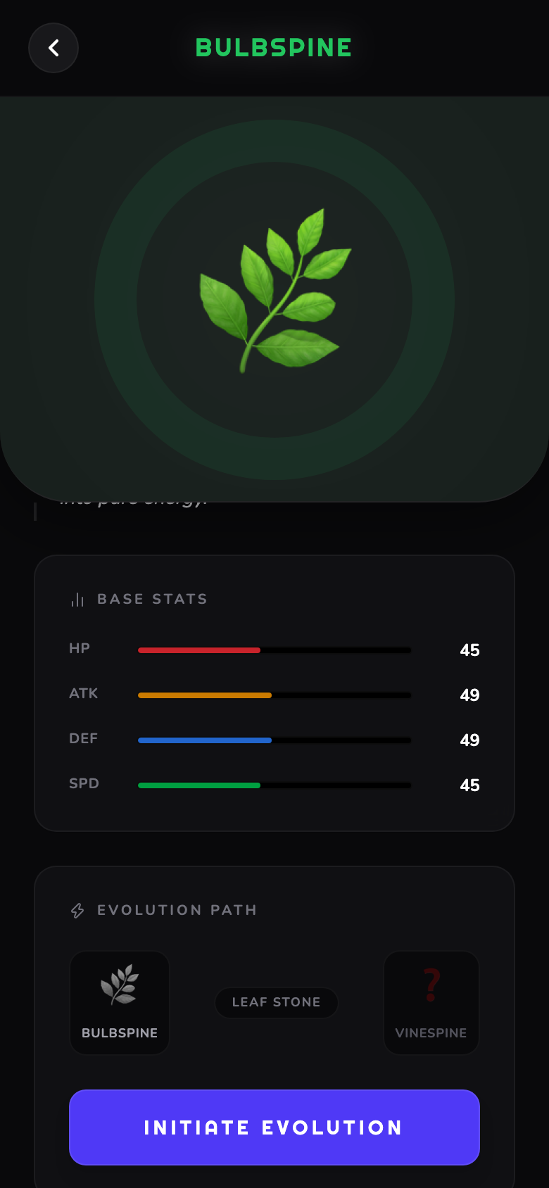 Poketopia Buddy detail screen: Lore first, stats second. You should like it before you optimise it.