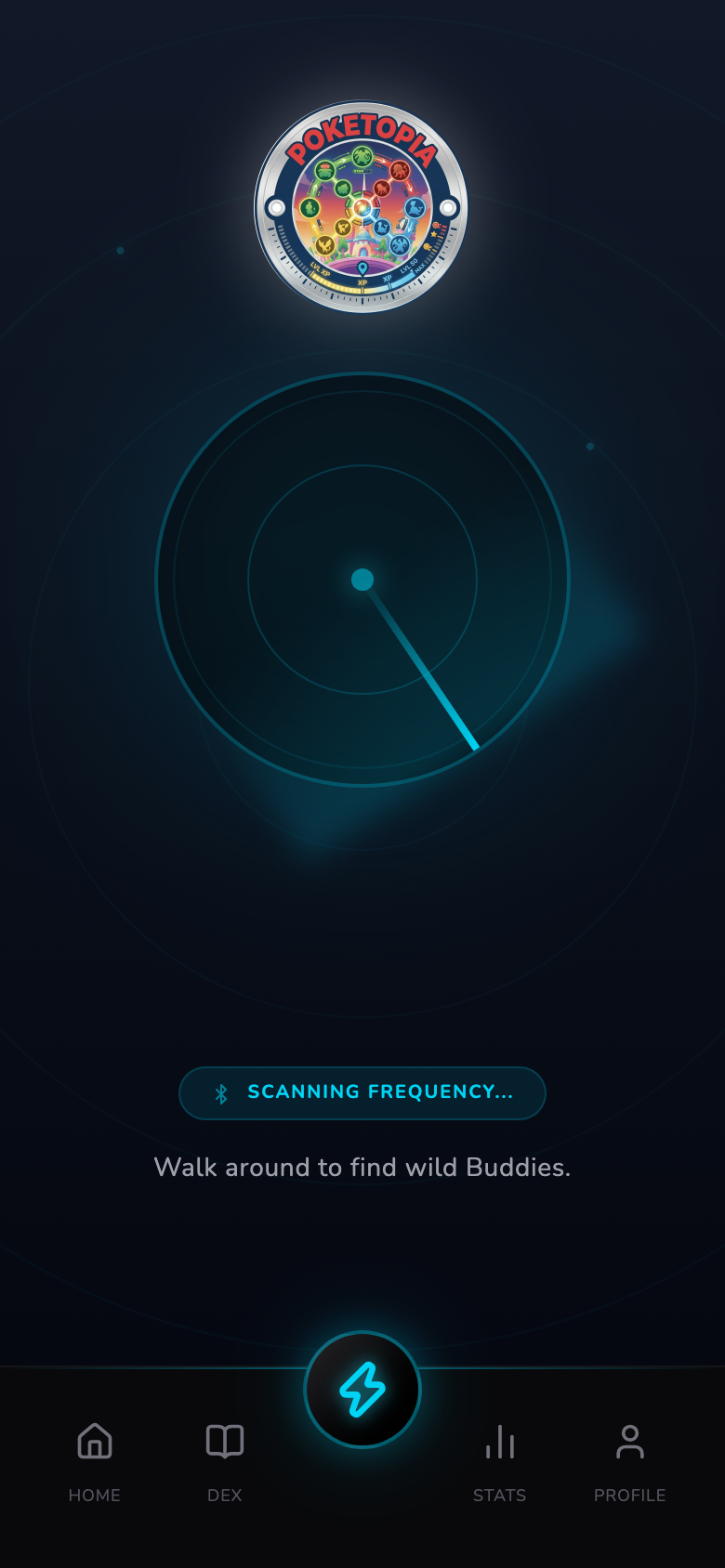 Poketopia Listening screen: The radar screen while the ball sweeps. No buttons, because your hands are busy.