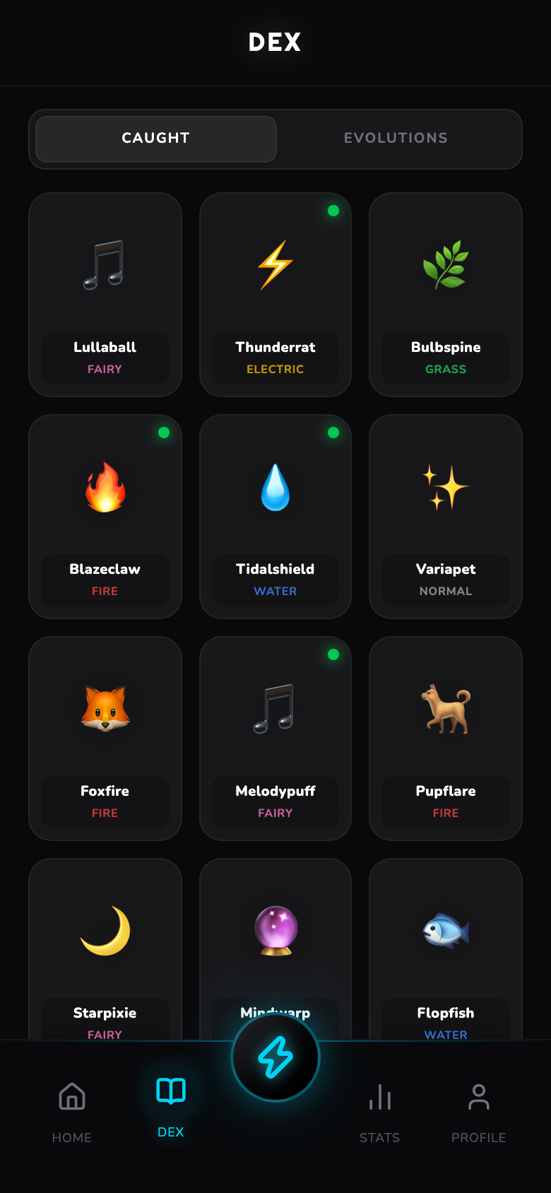 The Poketopia Dex: a dark grid of collected buddy tiles, each tinted with its type colour