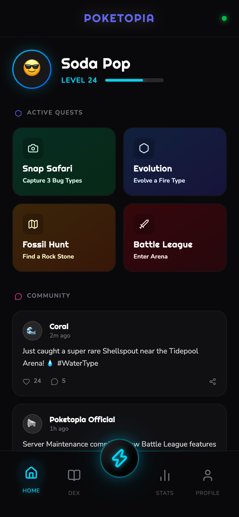 The Poketopia home screen: a trainer avatar ringed by a level progress meter, above active quest cards and a list of buddies ready to evolve
