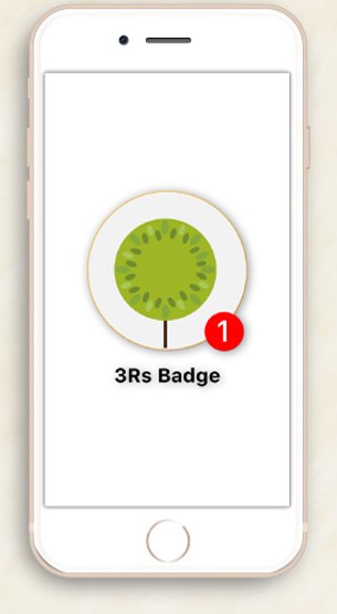 The WeTree badge screen: a freshly unlocked 3Rs badge with a red notification counter