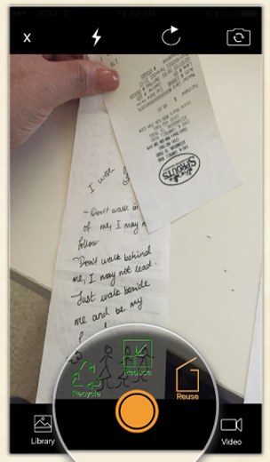 The WeTree camera capture screen: a hand holding a reused paper receipt, with a circular dial around the orange shutter button offering reduce, reuse and recycle icons