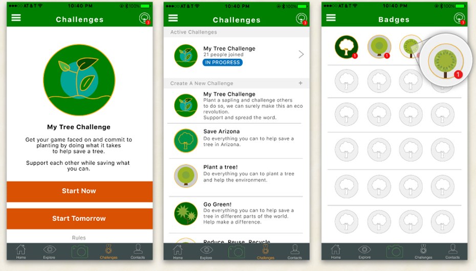 Three WeTree screens: the My Tree Challenge intro with a Start Now button, the Challenges list showing an active My Tree Challenge with 21 people joined plus Save Arizona, Plant a tree and Go Green, and the Badges grid of earned and locked tree emblems