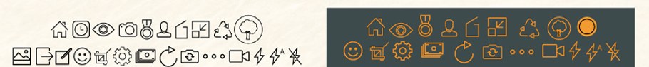 The WeTree icon library: two rows of black outline icons including home, history, explore, camera, badge, profile, recycle, tree, share and settings, shown again in orange inside a dark rounded toolbar