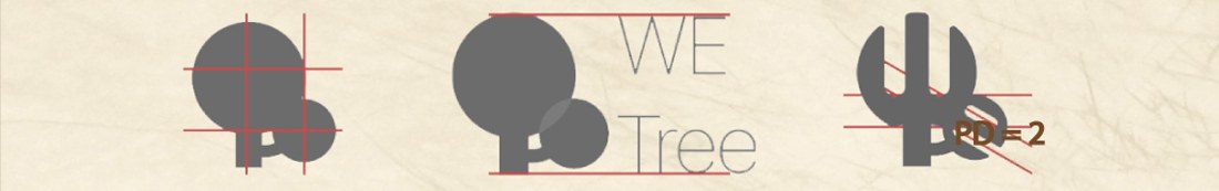 Three grey logo construction diagrams: the tree mark with alignment crosshairs, the mark set against the WE Tree wordmark on a baseline grid, and a trident form annotated PD equals 2